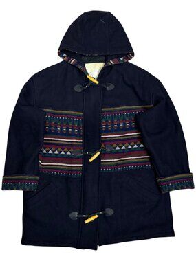 VINTAGE INUIT WOOL Aztec Blue Hooded Retro Winter Pea Coat Womens Medium